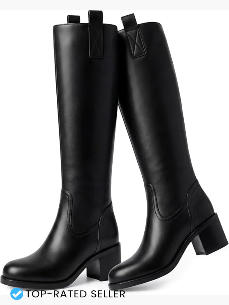 Knee High Faux Leather Square Toe Riding Boots Chunky Block Heel Pull On Tall